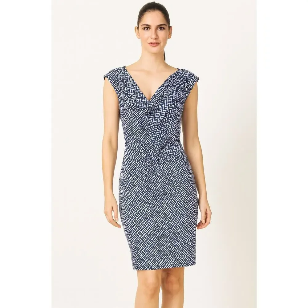 Michael Kors Navy and White Geometric Print Stretchy Cowl Neck Dress size Small